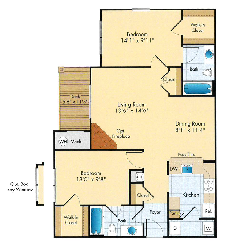 Floor plan for 2 beds, 2 baths, 1001 sqft